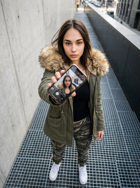 A fashion editorial street photo shot from a high, top-down angle. A confident woman stands on an urban metal walkway beside a concrete wall, holding a smartphone toward the camera, creating strong depth and perspective. The phone screen shows her reflected image, adding a layered, modern visual effect. She wears a casual street-style outfit with a fur-trimmed hooded jacket and camo pants. Natural daylight, crisp focus, neutral tones, clean urban background, modern lifestyle fashion editorial vibe.