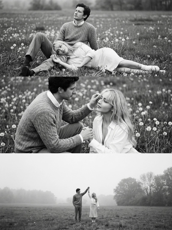   Фото выполнено в черно-белой гамме, создавая атмосферу ностальгии и уюта. Это выглядит как кадр из романтической фотосессии на природе.

Первый кадр: Мужчина сидит на траве, слегка наклонившись назад, подперев себя руками. На его коленях лежит женщина. Её голова лежит у него на коленях, а её тело вытянуто вдоль. Она одета в светлую рубашку с длинными рукавами и юбку, он - в свитер и брюки. Они находятся на поле, усыпанном одуванчиками. Мужчина смотрит вдаль с мечтательным выражением лица.

Второй кадр: Мужчина сидит на коленях в траве, он держит женщину за руку, поправляя её волосы. Она одета в белую рубашку, расстёгнутую на несколько пуговиц. Он одет в свитер с рубашкой под ним. Они сидят на поле с одуванчиками.

Третий кадр: На фоне туманного поля с деревьями вдалеке, мужчина и женщина держатся за руки, подняв их вверх. Мужчина одет в свитер и брюки, а женщина в светлую рубашку и юбку. Они кажутся маленькими на фоне большого поля.