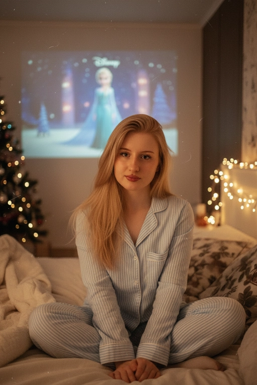 Атмосферный портрет человека, сидящий на кровати в уютной комнате. Не меняй черты лица ни на 1%. Человек смотрит в камеру. На человеке хлопковая голубая пижама в белую полоску. 
Теплое освещение от мерцающих гирлянд и рождественской ёлки. На заднем плане - проекция с фильмом или мультфильмом создающая нотку ностальгии.
Кинематографичный кадр, малая глубина резкости, волшебная и уютная атмосфера. Фото в стиле 90-х, ретро -фильтр. Зернистость Фильм - Disney "Холодное сердце"