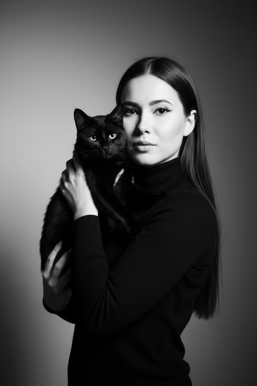 Высококонтрастный черно-белый портрет женщины в черной водолазке, держащей чёрную кошку у лица. Композиция напряжённая и интимная: оба персонажа смотрят прямо в камеру с одинаковой интенсивностью. Яркое и направленное освещение создаёт глубокие тени и подчёркивает контраст между их бледной кожей и тёмной шерстью кошки. Выражение её лица спокойное и уверенное, глаза подведены чётко, а гладкие прямые волосы естественно ниспадают на одно плечо. Фон - градиент от серого к темно-серому. Общее настроение таинственное, элегантное и кинематографичное, напоминающее портрет из модного журнала с готическим подтекстом.
