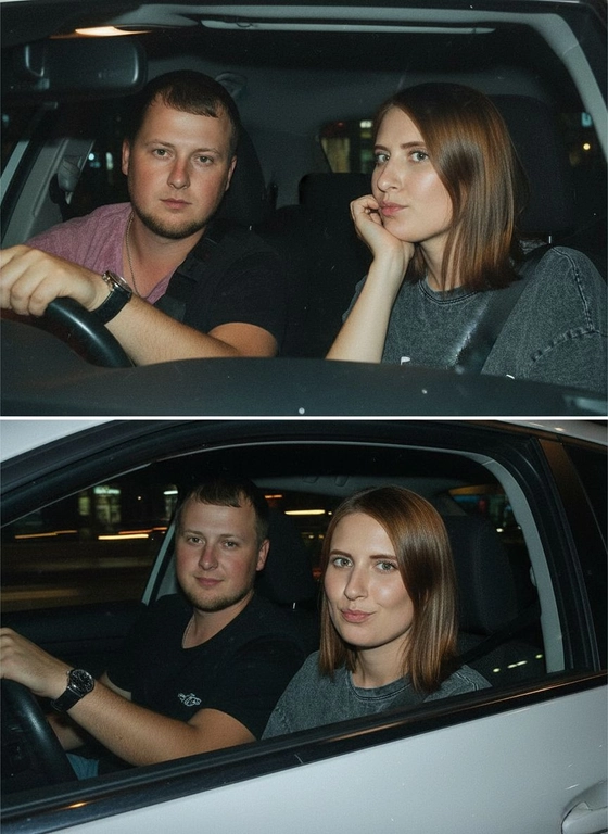 Используй предоставленные изображения и создай коллаж из двух фото, одно под другим. Первое фото сверху: Ночное фото в салоне автомобиля: мужчина за рулем смотрит вперед, его рука с часами на руке. Женщина на пассажирском сиденье, слушает его подперев щеку рукой. Съемка в стиле папарацци с эффектом зернистой пленки, атмосфера интимная. Второе фото: Девушка и парень смотрят в камеру Ночное фото папарацци крупным планом: мужчина за рулём и женщина на пассажирском сиденье смотрят в камеру. Женщина с ухмылкой и губами бантиком, мужчина слегка улыбается, положив руку на руль. Съёмка через пассажирское окно, сочетание ночного света и вспышки, эффект зернистой плёнки.