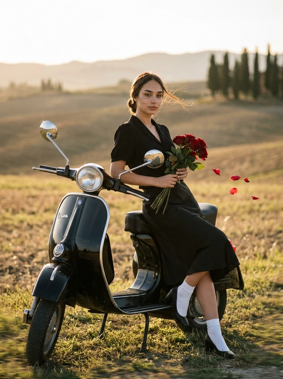 Cinematic editorial cover shot of a model leaning elegantly against the side of a glossy black vintage Vespa parked in the middle of a vast open Tuscan field at golden hour. Face fully visible, sharp and luminous — head slightly tilted with a soft confident smile, eyes looking directly into the camera. Hair styled in a soft low bun with loose strands moving in the breeze. Wearing an all-black outfit: fitted short-sleeve blouse with ribbon tie at the collar and a flowing black midi skirt, white ankle socks, black heels. One hand resting on the Vespa seat, the other holding a bouquet of deep red roses, a few petals drifting in the air. One leg crossed in a relaxed editorial pose.

Lighting: golden-hour sun low behind the subject, creating a warm backlight halo. Strong anamorphic starburst on chrome details, subtle horizontal light streaks, lens bloom and warm halation. Soft bounce light on the face, properly exposed.

Motion: horizontal pan blur in the distant background — field, trees, sky stretched into painterly streaks. Fabric and loose elements slightly moving, petals airborne. Subject and Vespa remain sharp.

Setting: Tuscan field, golden hour, cinematic color grading, 35mm film grain, shallow depth of field, high-end editorial look. Aspect ratio 4:5.

No text, no watermarks, no logos.

Negative prompt: face obscured, blurred face, overexposed face, second person, riding scooter, helmet, sunglasses, yellow flowers, white flowers, text, watermark, logo, cartoon, static background, weak blur, flat lighting, no sun flare