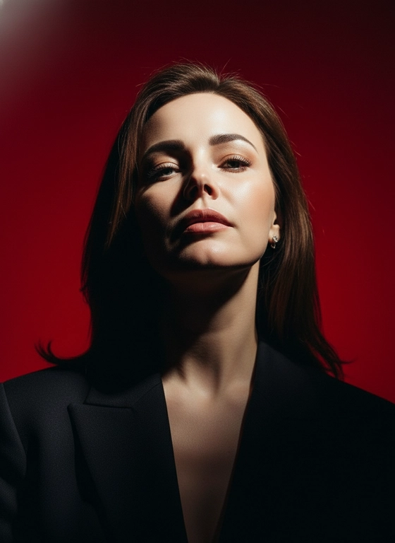 Создай портрет, используя те же черты лица (на основе загруженного фото), характеризующийся резким кинематографическим освещением и интенсивным контрастом. Снятый с немного нижнего ракурса, направленного вверх, что подчеркивает линию подбородка и шеи модели, этот портрет производит впечатление доминантности и скульптурной элегантности. Фон — глубокий, насыщенный малиново-красный, создающий яркий визуальный контраст со сияющей кожей модели и темной одеждой.