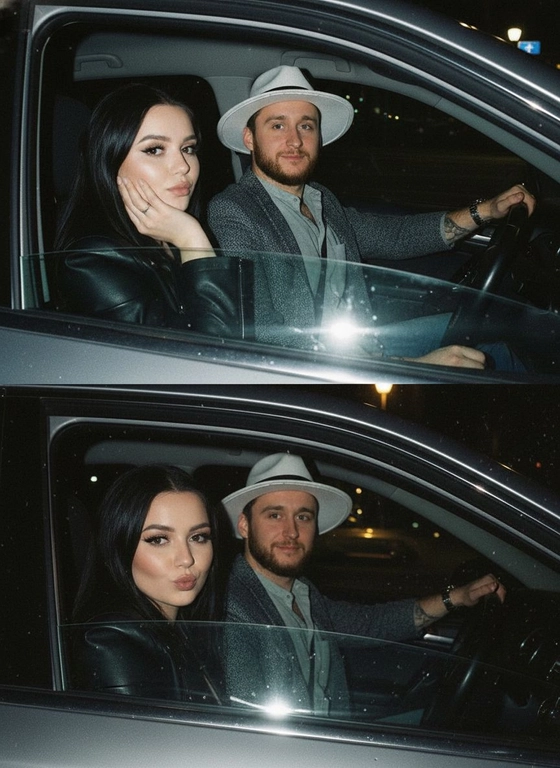 Используй предоставленные изображения и создай коллаж из двух фото, одно под другим. Первое фото сверху: Ночное фото в салоне автомобиля: мужчина за рулем смотрит вперед, его рука с часами на руке. Женщина на пассажирском сиденье, слушает его подперев щеку рукой. Съемка в стиле папарацци с эффектом зернистой пленки, атмосфера интимная. Второе фото: Девушка и парень смотрят в камеру Ночное фото папарацци крупным планом: мужчина за рулём и женщина на пассажирском сиденье смотрят в камеру. Женщина с ухмылкой и губами бантиком, мужчина слегка улыбается, положив руку на руль. Съёмка через пассажирское окно, сочетание ночного света и вспышки, эффект зернистой плёнки.