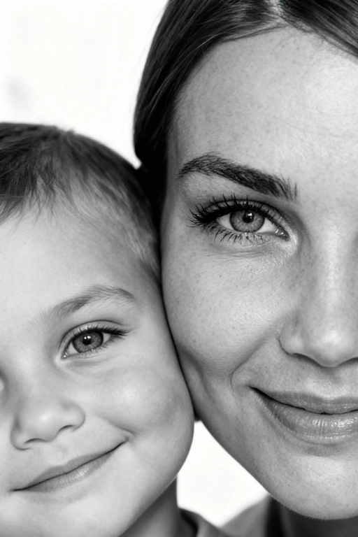 Сверхреалистичная черно-белая художественная фотография 8K женщины и ребенка, снятая очень крупным планом, щека к щеке так что видны только правая половина лица женщины и левая половина лица ребенка. которые смотрят в камеру. Их лица расположены рядом, почти соприкасаясь, образуя идеально сбалансированную симметричную композицию. Каждая деталь передана с фотографической точностью: тонкая текстура кожи и плавные градиенты света и тени. Видимая половина женщины включает ее бровь, один глаз , часть ее носа, щеку и губы, слегка приоткрытые в нежной, естественной улыбке, Видимая половина ребенка включает один глаз , круглую мягкую щеку, часть носа и небольшую улыбку, Фон белый и слегка размытый, что подчеркивает эмоциональную близость между ними. Освещение мягкое и рассеянное, создает деликатный контраст и тональную глубину. На снимке запечатлены нежность, близость и связь между матерью и ребенком, запечатленные с потрясающей реалистичностью. Не меняй черты лиц. 
