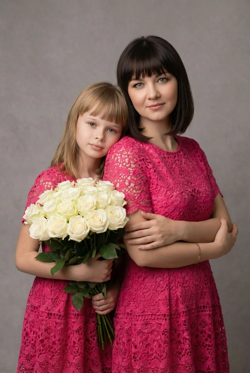 Используй эти два фото мамы и дочери и создай для них студийный портрет в чистом и элегантном стиле. Они стоят рядом, очень близко друг к другу. Дочь мягко обнимает маму за руку и слегка к ней прижимается со спины. Мама сложила руки перед грудью. Образ минималистичный, современный и стильный. На руке у матери тонкий золотой браслет. Профессиональный макияж и прическа.  Не менять черты лица ни на 1 процент. Фон — нейтральный серый с мягкой текстурой. Освещение рассеянное, мягкое, подчёркивающее естественные тона кожи. Атмосфера тёплая, нежная и спокойная, в стиле журнальной съёмки. Используй эти два фото мамы и дочери и создай для них студийный портрет в чистом и элегантном стиле. Они стоят рядом, очень близко друг к другу. Дочь мягко обнимает маму за руку и слегка к ней прижимается со спины. Мама сложила руки перед грудью. Образ минималистичный, современный и стильный. На руке у матери тонкий золотой браслет. Профессиональный макияж и прическа.  Не менять черты лица ни на 1 процент. Фон — нейтральный серый с мягкой текстурой. Освещение рассеянное, мягкое, подчёркивающее естественные тона кожи. Атмосфера тёплая, нежная и спокойная, в стиле журнальной съёмки. Обе в стильных гипюровых  платьях ярко-розового цвета . У дочки букет белых роз из 21 штуки 
