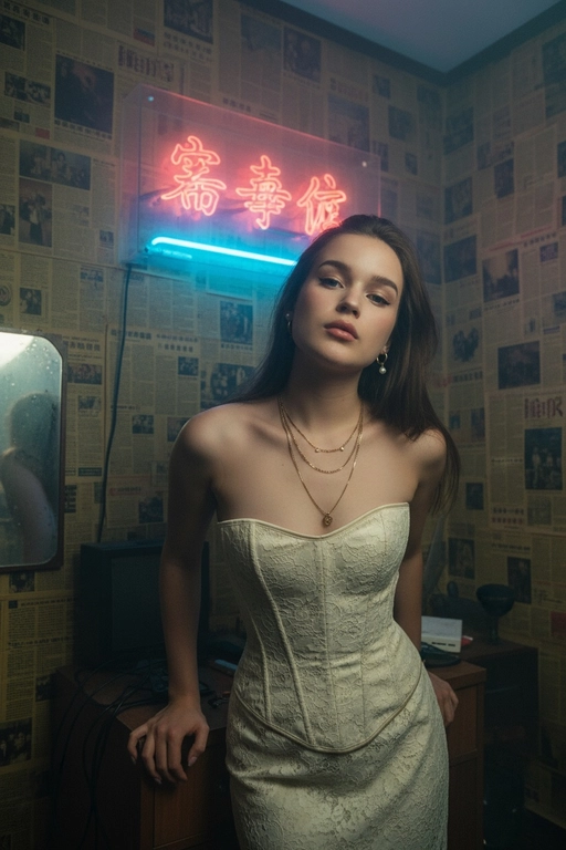 Используйте отправленную мной фотографию в качестве референса. Создайте фотореалистичный гонконгский ретро-портрет с аутентичным видом фильма 1990-х годов, как кадр из мрачного фильма. Строго сохраняйте индивидуальность (разрез глаз, губы, переносицу, линию подбородка, тон кожи). Вертикальный портрет, от середины бедра до головы (3/4 тела). Модель стоит, слегка наклонившись к камере, обе руки лежат на небольшом деревянном шкафу позади нее; плечи расслаблены. Подбородок слегка опущен, взгляд вверх, в камеру с меланхоличным, спокойным выражением. Сцена: тесная, захламленная гонконгская комната, стены от края до края оклеены пожелтевшими кантонскими газетами. Позади модели: туманная неоновая китайская вывеска (красный и голубой), светящаяся сквозь туман у потолка. Загроможденная мебель: компактный шкаф, разбросанные провода, виден край небольшого зеркала. Гардероб и стиль: платье в стиле корсета из кремового/слоновой кости кружева (со вкусом, неоткровенное), многослойные изящные золотые ожерелья, маленькие серьги-кольца или жемчужные серьги. Волосы взъерошены. Лицо должно быть точной копией моих настоящих черт лица, не меняйте лицо и сделайте фотографию высокого разрешения.