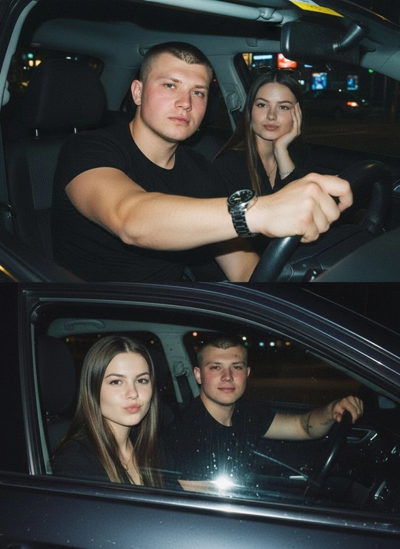 Используй предоставленные изображения и создай коллаж из двух фото, одно под другим. Первое фото сверху: Ночное фото в салоне автомобиля: мужчина за рулем смотрит вперед, его рука с часами на руке. Женщина на пассажирском сиденье, слушает его подперев щеку рукой. Съемка в стиле папарацци с эффектом зернистой пленки, атмосфера интимная. Второе фото: Девушка и парень смотрят в камеру Ночное фото папарацци крупным планом: мужчина за рулём и женщина на пассажирском сиденье смотрят в камеру. Женщина с ухмылкой и губами бантиком, мужчина слегка улыбается, положив руку на руль. Съёмка через пассажирское окно, сочетание ночного света и вспышки, эффект зернистой плёнки.