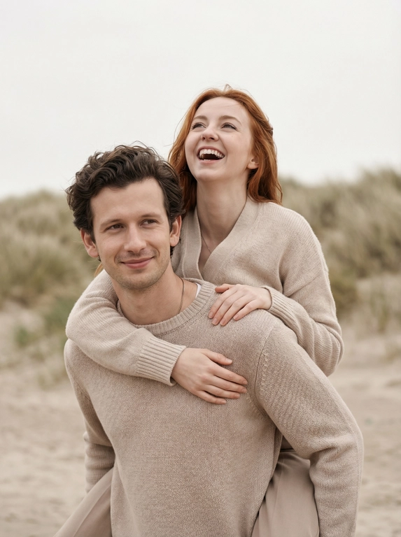       Фотография в стиле модной съемки, выполненная в приглушенной, мягкой цветовой гамме, с преобладанием бежевых и серо-коричневых оттенков. Атмосфера безмятежная и естественная, с акцентом на радость и близость.

Два человека: женщина верхом на мужчине.
Мужчина одет в вязаный свитер с круглым вырезом, светлого бежевого цвета. На шее видна тонкая цепочка. Его поза расслаблена, он слегка улыбается и смотрит в сторону.
Женщина обнимает его за шею, одета в кардиган или кофту, аналогичную по стилю и цвету свитеру мужчины, возможно, немного светлее. Ее поза динамичная, она смеется и смотрит вверх.
Фон размытый, но можно различить песчаные дюны, покрытые травой, и кусочек пляжа, уходящего в бледное небо. Создается впечатление, что они находятся на морском побережье в пасмурный день. Фотография ультра высокого качества 16К