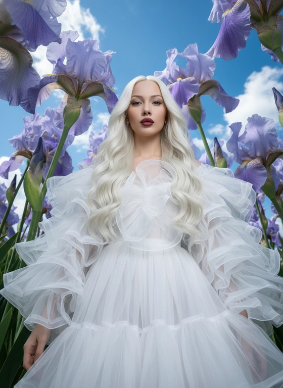 Сохранить лицо 1:1, белые длинные волосы Создай портрет, не меняя черты лица. :
Сюрреалистичная фотография, снятая с очень низкого ракурса (снизу вверх). Красивая молодая девушка стоит и смотрит в камеру между гигантских нежно сиреневых ирисов  У нее раскинутые белые  волнистые волосы, кожа сияющая, смотрит в камеру, безупречный макияж. На ней воздушное, полупрозрачное, объемное белое платье с крупными воланами и оборками из органзы.
Огромные цветы ирисы  на длинных стеблях нависают над ней на фоне яркого голубого неба с белыми облаками. Эстетика высокой моды, журнальная съемка, сказочная атмосфера в стиле «Алисы в Стране чудес», яркий контраст цветов, кинематографичное освещение, высокая детализация. Ракурс: low-angle shot (вид снизу) - именно он создает эффект «гигантских» цветов, нависающих над девушкой. Контраст цветов: сиреневый и голубой делает кадр очень выразительным.
Текстура одежды: Слова ethereal, translucent и organza ruffles помогают нейросети правильно нарисовать воздушную, многослойную ткань