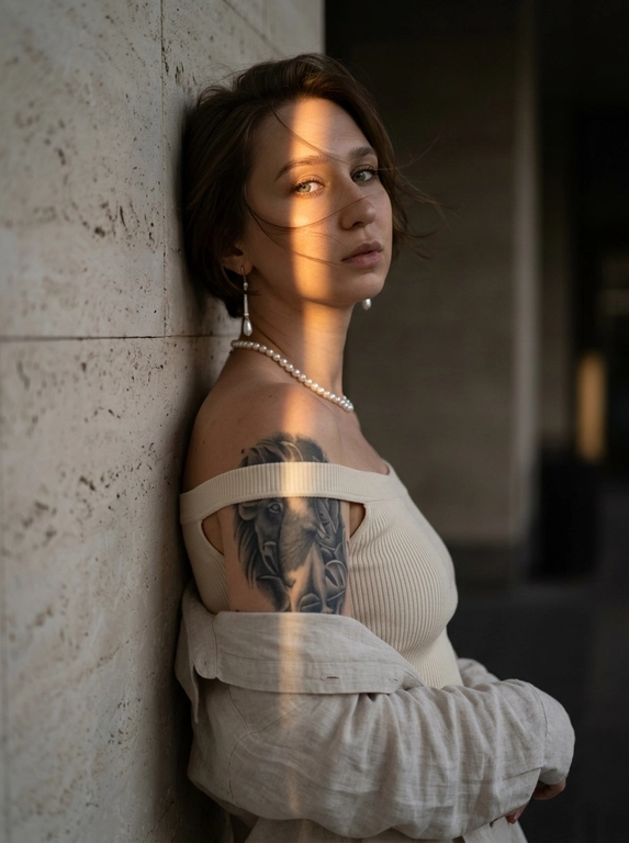 Luxury editorial portrait, кадр по плечи. Женщина стоит вплотную к светлой каменной стене.
Стена находится строго за её спиной и слева в кадре. К стене прижаты верхняя часть спины и левое плечо. Женщина стоит к камере боком, корпус развернут вправо в 3/4, грудь направлена от стены в сторону камеры. Голова резко повернута назад к камере и слегка наклонена вниз. Взгляд в камеру, губы слегка приоткрыты, выражение спокойное, уверенное. На ней молочный плотный топ в рубчик с открытыми плечами, сверху светлая льняная рубашка спущена с плеч. жемчужная нить на шее, длинная серьга с жемчугом. Волосы: несколько прядей слегка раздувает вечерний ветер, перекрывают лицо.
Тёмный закатный golden hour: узкая вертикальная полоса тёплого света освещает один глаз, часть лба, нос, шею и плечо, остальное в тени. Тёмный архитектурный фон мягкий.