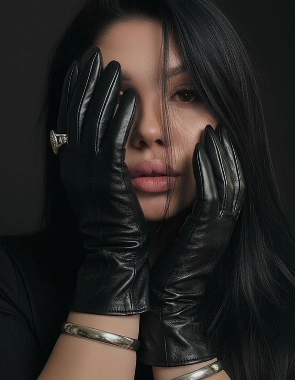 Модный портрет женщины, крупным планом,  в черных кожаных перчатках.  Руки частично заслоняют лицо. Перчатки создают интригующую композицию: одна рука закрывает часть лица, а другая лежит на противоположной стороне, тонко обрамляя нежные черты модели. Губы женщины видны, слегка приоткрыты, глаза открыты, голова слегка наклонена вперед. Несколько прядей волос свободно падают на ее лицо, добавляя ощущение движения. Текстура кожи очень детализирована, демонстрируя поры ее лица. Перчатки блестящие и плотно прилегающие, с тонкими, замысловатыми деталями. Серебрянные массивные кольца видны на пальцах, усиливая ощущение роскоши, а серебрянные браслеты обхватывают запястья. Мягкое, но драматичное освещение подчеркивает текстуру перчаток и кожи, создавая поразительный контраст на темном, мрачном фоне. Общая атмосфера интимная, элегантная и изысканная.