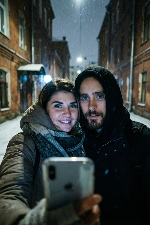 Спонтанное POV селфи людей на переднюю камеру iphone с близкого расстояния, глядя прямо в камеру. Сам телефон не виден. Ночь, зима, переулок в Москве. Фото темное, смазанное и реалистичное. Селфи с Джаредом Лето