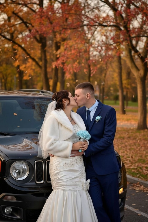 Используй предоставленные изображения и создай фото, где мужчина и женщина стоят, облокотившись на капот автомобиля и целуются. Атмосфера романтичная, осенняя. Средний план людей. Не меняй внешность людей. Машина и люди занимают почти весь кадр. Автомобиль - черный Jeep Renegade