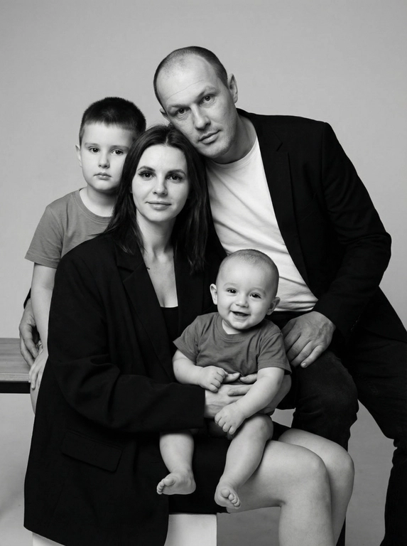   Черно-белый портрет мужчины и женщины  и двух детей в стиле фэшн фотосессии в фотостудии. Не изменяйте лица.  Всё лица четыре лица. Фон нейтральный, однотонный, светло-серый. Атмосфера интимная и спокойная. На переднем плане женщина. Она одета в черный оверсайз пиджак и черный топ. Мужчина одет в в классическом черном пиджаке и белой футболке.
Дети одеты в футболки.Вся композиция выполнена в приглушенной монохромной гамме со студийным освещением, которое подчеркивает текстуру кожи и одежды.  Они сидят рядом, мужчина чуть наклонился к женщине и и обнимает сына . Женщина на коленях держит другого сына .