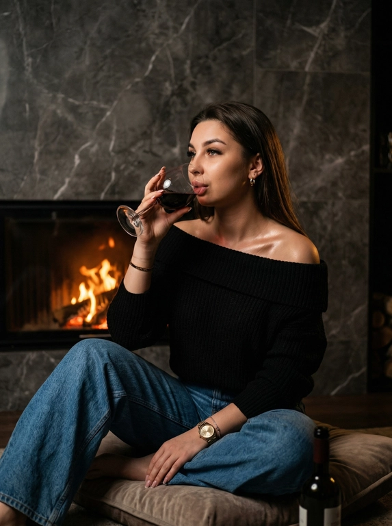 Создай не меняя черты лица 
Соотношение сторон 9:16
Элегантная молодая женщина в чёрной вололазке с оголёнными плечами и джинсах синих свободных, сидит в расслабленной позе на мягкой подушке у камина, три четверти, средний план; держит большой бокал красного вина у губ, рядом на полу стоит бутылка вина, на запястье золотые часы и тонкий браслет, на ушах небольшие серьги‑кольца, длинные прямые волосы, видны ключицы хайлайтер на ключицах и изящная линия шеи. Окружение: роскошный интерьер с тёмно‑серым мраморным фоном и тёплым живым огнём в камине слева, отражения огня в стекле бокала и блеск металла украшений, текстуры мрамора контрастируют с мягкой тканью свитера. Композиция: субъект смещён вправо по правилу третей, камин слева в глубине кадра создаёт глубину и контраст, лёгкий негативный простор слева для баланса. Свет и настроение: низкий, тёплый, уютный и интимный свет от камина как главный источник, мягкий заполняющий свет спереди для детализации теней, тонкий контровой блик на волосах; настроение — роскошная, спокойная, кинематографичная, слегка загадочная. Стиль: модная редакционная фотография с минимализмом, тёплая цветокоррекция, лёгкая зернистость плёночной эстетики, высокая детализация кожи и текстур. Макияж длинные ресницы, стрелки, помада нюдовая, пухлые губы
Параметры камеры: полнокадровый сенсор, объектив 85mm (вариативно 50–85mm), апертура f/1.8–2.8 для малой глубины резкости, выдержка 1/60–1/125 с, ISO 200–800, фокус на лице/глазах, используйте мягкую боковую подсветку и небольшую виньетку в постобработке.moody underexposed fashion photography, intentionally lowered exposure, deep crushed blacks, rich shadows, high contrast