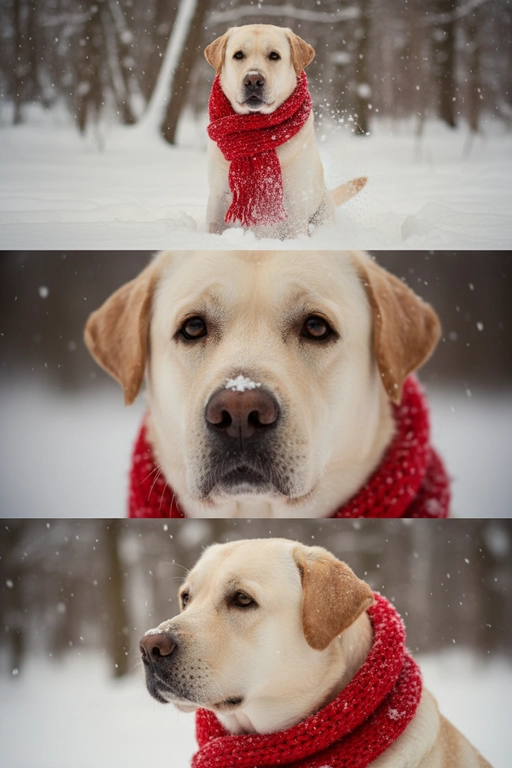     Коллаж из 3-Х фото моего питомца на зимнем фоне в снегу. Питомец в вязаном шарфе, вокруг падает снег, на заднем плане заснеженный лес.

Первый кадр — питомец в полный рост. Он играется со снегом 

Второй кадр — крупный план, увеличенный кадр мордочки питомца с одной снежинкой на носике. Мордочка питомца занимает весь кадр, взгляд прямо в камеру 
 
Третий кадр - портрет питомца, он смотрит в левую сторону. На фото виден шарф, на шарфу есть снежинки 

Три кадра объединены в вертикальный коллаж в едином тоне и свете. Атмосфера — реалистичная, теплая и немного кинематографичная.
Свет мягкий, утренний.  Цвет шарфа - красный 