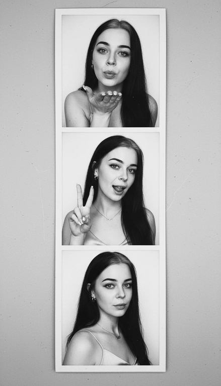  Используя мою фотографию в качестве референса для лица и волос, не изменяя исходные черты лица и сохраняя верность моим физическим характеристикам, создайте ленту из фотографий в ч/б с тремя вертикальными белыми рамками. Лента выглядит так, будто лежит на столе или фоне. Фотографии выглядят профессионально , как будто из настоящей фотобудки. 

В каждой рамке по центру расположены портрет и фотография погрудной проекции одного и того же человека. Взгляд прямо в камеру.

Общая эстетика винтажная, с лёгкой зернистостью и выцветшим качеством, напоминающая классическую аналоговую фотографию. Но при этом изображение выполнено в высоком разрешении. На светло-сером фоне видны едва заметные следы пыли и царапин. Лица человека на белом фоне. 
НЕ ИЗМЕНЯЙТЕ МОЁ ЛИЦО. На верхнем фото девушка посылает зрителю воздушный поцелуй, поднеся правую руку ко рту и слегка поджав губы. Выражение её лица игривое и дружелюбное.  На среднем фото девушка мило и игриво показывает знак мира, высунув язык. Брови слегка приподняты. На нижнем фото девушка позирует, отвернувшись к плечу, смотрит прямо в камеру с более спокойным и уверенным выражением лица. Губы мягко сжаты, взгляд прямой и чувственный. ОДЕЖДА: На ней маленькие серьги-кольца и изящное ожерелье с символом бесконечности поверх светлого атласного или шёлкового топа. На ней естественный макияж, включая глянцевый блеск для губ, лёгкую подводку для глаз и кукольные нарощенные ресницы, без излишеств. У неё квадратный французский маникюр. 