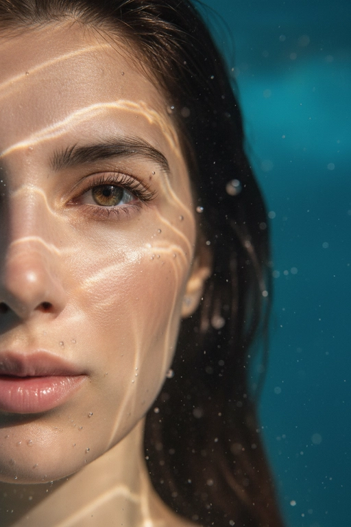 Гиперреалистичный, сверхдетализированный
макропортрет, на котором запечатлена только левая половина человеческого лица, погруженного под воду. Один глаз находится в резком фокусе у крайнего левого края кадра. Лучи света создают динамичные блики на коже, подчеркивая поры, влажные губы, ресницы и тонкие текстуры, создавая эффект реалистичного рассеивания под поверхностью. Капли и пузырьки воздуха придают глубину и подвижность.
Кинематографическое подводное освещение с мягкими тенями и четкими бликами усиливает сюрреалистическую, сказочную атмосферу.
Чрезвычайно малая глубина резкости, фотореалистичный рендеринг. Не меняй внешность, полностью сохрани черты лица.