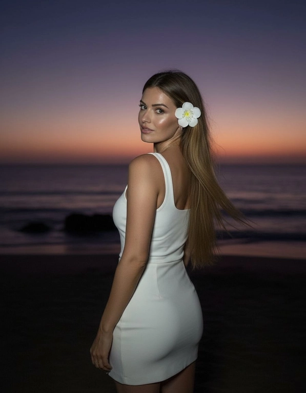 Сделай фото, будто я на пляже, где темно, но кто-то сфотографировал меня со вспышкой, и мое лицо немного блестит и светится, заднем плане закат, как будто солнце село на 98%, оставив фиолетовый оттенок, и само по себе почти темно. Фото сделано из-за моей спины, как будто  мне сказали, повернуться. Я в белом облегающем платье с цветком, заправленным в волосы. Волосы должны развеваться так, как будто дует слегка ветер.