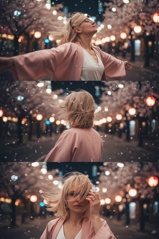 Не меняй черты лица, оставь их точь в точь как на загруженном фото. Фото в стиле триптиха, на котором изображена женщина в ночном городе.

На верхней панели изображена женщина по грудь, в профиль, расположенная в правой части кадра. Она запрокинула голову назад и закрыв глаза будто смотрит в небо разведя руки в стороны. Ее волосы развеваются на ветру закрывая лицо. На заднем плане ночной город полный ярких фонарей, где спокойно и нет людей, в небе развиваются от ветра листья сакуры . 

На средней панели изображена всё та же женщина со спины, смотрящая в кадр. На фоне все усыпано лепестками сакуры и они почти полностью перекрывают ночной город. Её волосы сильно развеваются на ветру в них запутались лепестки сакуры . 

На заднем плане нижней панели, крупным планом, изображено лицо всё той же женщины, частично скрытое развевающимися на ветру волосами в них немного лепестков сакуры, которая смотрит прямо на зрителя. Правой рукой она придерживает волосы, демонстрируя белое обручальное кольцо. 

Ночной Город и небо создают нейтральный, угрюмый фон для фотографии в натуралистическом стиле и при мягком освещении. Использовать лицо с фото на 100% , не изменяя черты лица. На девушке - белый топ и нежно-розовое хаори в японском стиле.
