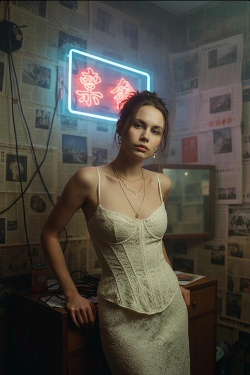 Используйте отправленную мной фотографию в качестве референса. Создайте фотореалистичный гонконгский ретро-портрет с аутентичным видом фильма 1990-х годов, как кадр из мрачного фильма. Строго сохраняйте индивидуальность (разрез глаз, губы, переносицу, линию подбородка, тон кожи). Вертикальный портрет, от середины бедра до головы (3/4 тела). Модель стоит, слегка наклонившись к камере, обе руки лежат на небольшом деревянном шкафу позади нее; плечи расслаблены. Подбородок слегка опущен, взгляд вверх, в камеру с меланхоличным, спокойным выражением. Сцена: тесная, захламленная гонконгская комната, стены от края до края оклеены пожелтевшими кантонскими газетами. Позади модели: туманная неоновая китайская вывеска (красный и голубой), светящаяся сквозь туман у потолка. Загроможденная мебель: компактный шкаф, разбросанные провода, виден край небольшого зеркала. Гардероб и стиль: платье в стиле корсета из кремового/слоновой кости кружева (со вкусом, неоткровенное), многослойные изящные золотые ожерелья, маленькие серьги-кольца или жемчужные серьги. Волосы взъерошены. Лицо должно быть точной копией моих настоящих черт лица, не меняйте лицо и сделайте фотографию высокого разрешения.