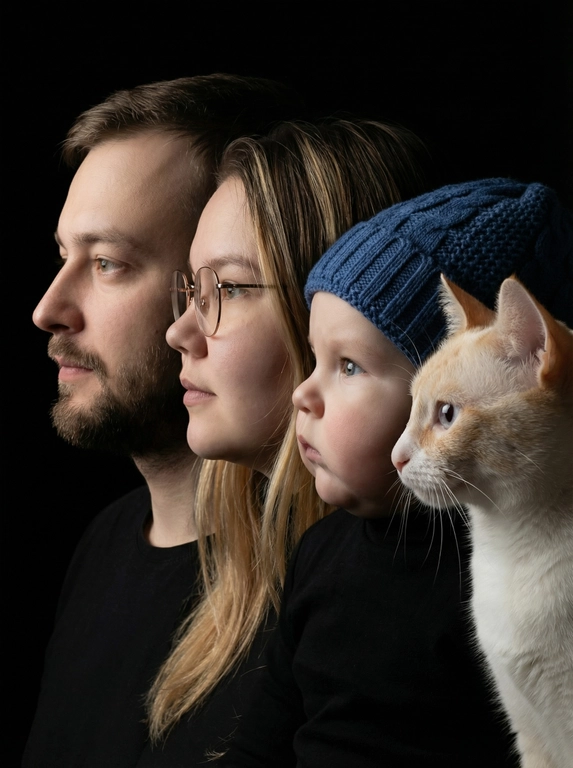 Профессиональный студийный портрет с низким контрастным светом. Головы расположены строго в одну линию. боковой профиль, взгляд влево. У всех видны только головы и немного плечи. Головы занимают весь кадр. Черный фон. Черная одежда у всех. Расположи их по убыванию возраста.