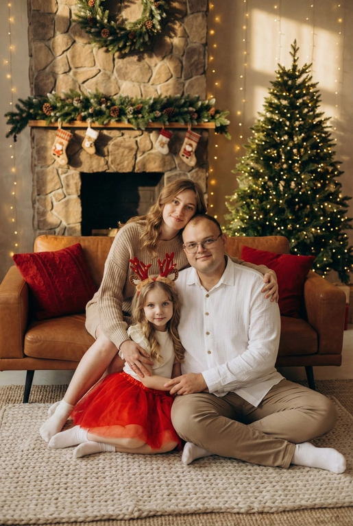   Создай трогательный кадр из профессиональной фотосессии в студии, где запечатлен момент семейной близости. Люди на фото могут быть как взрослыми так и детьми, в зависимости от предоставленных фото. Сделай так, чтобы все они смотрелись гармонично и трогательно. Фото в стиле Энни Лейбовиц, четкий фокус.

Люди в расслабленных позах на низком коричневом кожаном диване и на плотном светлом вязаном ковре. Естественные прически и минимальный макияж. 

Студия украшены в рождественском или новогоднем стиле, рядом с диваном стоит елка, позади дивана камин. Каминная полка украшена еловой гирляндой, шишками и маленькими рождественскими носочками. На диване красные декоративные подушки. В студии висят теплые гирлянды и мягко светятся.  

На фото видно лица людей и они смотрят в камеру.
 
Освещение мягкое, естественное, теплое, в стиле "Золотой час", мягкие тени, камера на уровне глаз, теплый цветовой грейд (золотисто-коричневые тона), натуральные оттенки, тонкая ретушь, мягкая пленочная текстура, атмосфера уюта, семейного тепла и близости. Одежда в минималистичном стиле, в оттенках теплых и спокойных новогодних: белый, бежевый, темно зеленый, бордовый. 