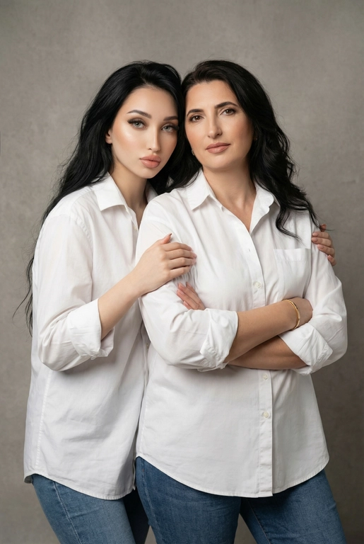 Используй эти два фото мамы и дочери и создай для них студийный портрет в чистом и элегантном стиле. Они стоят рядом, очень близко друг к другу. Дочь мягко обнимает маму за руку и слегка к ней прижимается со спины. Мама сложила руки перед грудью. Образ минималистичный, современный и стильный. На руке у матери тонкий золотой браслет. Профессиональный макияж и прическа.  Не менять черты лица ни на 1 процент. Фон — нейтральный серый с мягкой текстурой. Освещение рассеянное, мягкое, подчёркивающее естественные тона кожи. Атмосфера тёплая, нежная и спокойная, в стиле журнальной съёмки. Обе в свободных стильных белых рубашках с подвернутыми рукавами и джинсах.