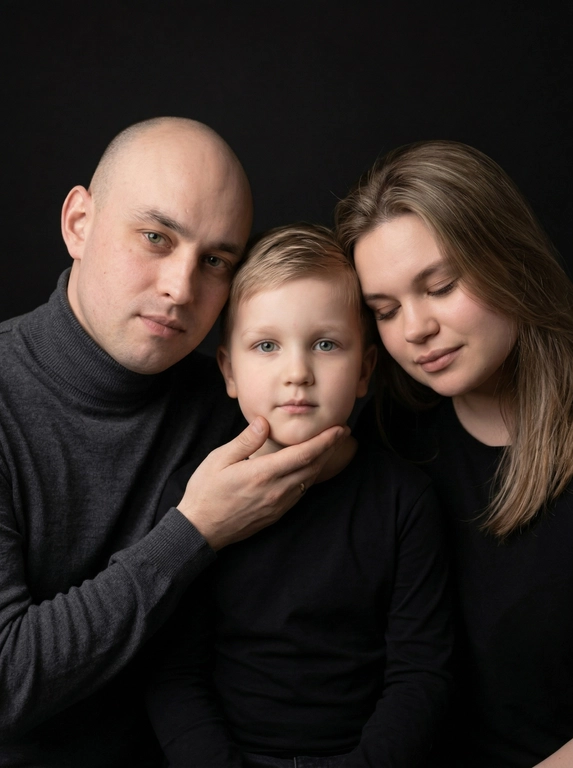 Семейный портрет из трёх человек на фоне глубокого матового черного.
Мужчина слева, слегка развернут к центру, наклонен к ребёнку, лбом почти касается его головы, ладонью поддерживает подбородок ребёнка.
Ребёнок в центре, сидит прямо, телом к камере, смотрит в объектив, в чёрной одежде с длинным рукавом.
Женщина справа, чуть повернута к ребёнку, голова наклонена вниз, лоб почти касается головы ребёнка.
Освещение мягкое, рассеянное, один источник света спереди и сверху, создаёт плавные тени и мягко выделяет лица на фоне.
Тона глубокие, нейтрально-тёплые, фон и одежда остаются темноте.