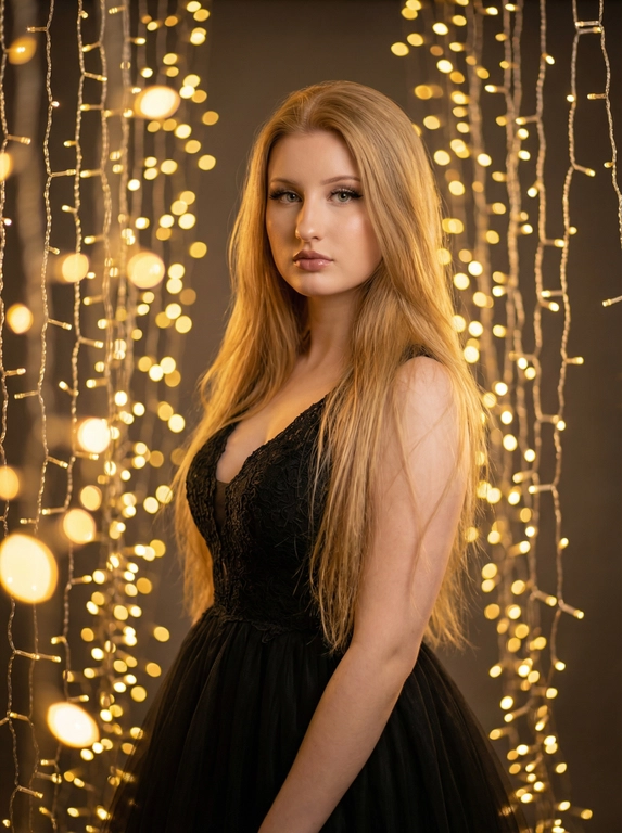     Создай не меняя черты лица.Портрет меня в пол-оборота, в элегантном платье цвета черного цвета. Платье имеет глубокий, глубокий V-образный вырез и нежный кружевной лиф, который переходит в объемную, струящуюся юбку из тюля. Я стою в центре, глядя прямо в камеру. Обстановка обрамлена плотным занавесом вертикально висящих, теплых золотых гирлянд (сказочных огней), которые создают сильный, драматический эффект боке как на переднем плане, так и на заднем плане. Окружающее освещение мягкое, теплое и золотистое, подчеркивая текстуру кружева. Нейтральный, слегка темный фон. Профессиональный студийный портрет, ультрареалистичный, высокое разрешение, резкое фокусировка на лице, кинематографическое качество.