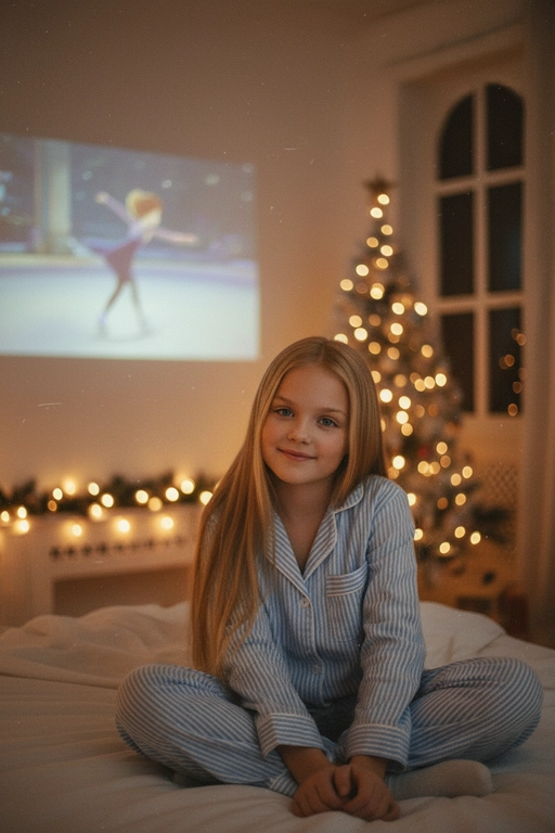 Атмосферный портрет человека, сидящий на кровати в уютной комнате. Не меняй черты лица ни на 1%. Человек смотрит в камеру. На человеке хлопковая голубая пижама в белую полоску. 
Теплое освещение от мерцающих гирлянд и рождественской ёлки. На заднем плане - проекция с фильмом или мультфильмом создающая нотку ностальгии.
Кинематографичный кадр, малая глубина резкости, волшебная и уютная атмосфера. Фото в стиле 90-х, ретро -фильтр. Зернистость мультфильм про фигуристку.
