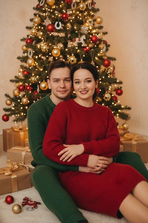 Используй предоставленные изображения и создай фото из домашней новогодней фотосессии. Не меняйте черты лица. . В кадре мужчина и женщина, они сидят на полу в обнимку, улыбаются и смотрят в камеру. Мужчина обнимает женщину сзади за талию. На женщине надето вязаное длинное платье с длинными рукавами. На мужчине вязаный свитера и штаны. На заднем плане стоит наряженная елка с игрушечными шарами, игрушечными лошадками, игрушечными подковами. Под елкой разложены подарочные коробки, перевязанные золотыми лентами. Рядом с парой лежат несколько елочных игрушек как на елке. Фотография выполнена в теплой цветовой гамме. Атмосфера уютная и праздничная. цвет платья девушки- красный, цвет свитера и штанов мужчины - зелёный.