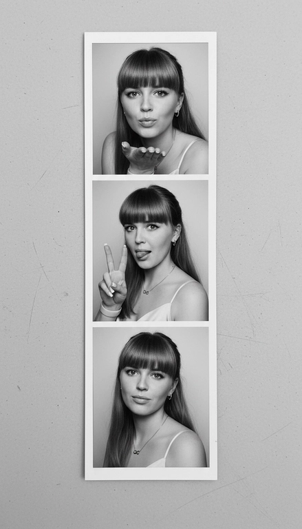  Используя мою фотографию в качестве референса для лица и волос, не изменяя исходные черты лица и сохраняя верность моим физическим характеристикам, создайте ленту из фотографий в ч/б с тремя вертикальными белыми рамками. Лента выглядит так, будто лежит на столе или фоне. Фотографии выглядят профессионально , как будто из настоящей фотобудки. 

В каждой рамке по центру расположены портрет и фотография погрудной проекции одного и того же человека. Взгляд прямо в камеру.

Общая эстетика винтажная, с лёгкой зернистостью и выцветшим качеством, напоминающая классическую аналоговую фотографию. Но при этом изображение выполнено в высоком разрешении. На светло-сером фоне видны едва заметные следы пыли и царапин. Лица человека на белом фоне. 
НЕ ИЗМЕНЯЙТЕ МОЁ ЛИЦО. На верхнем фото девушка посылает зрителю воздушный поцелуй, поднеся правую руку ко рту и слегка поджав губы. Выражение её лица игривое и дружелюбное.  На среднем фото девушка мило и игриво показывает знак мира, высунув язык. Брови слегка приподняты. На нижнем фото девушка позирует, отвернувшись к плечу, смотрит прямо в камеру с более спокойным и уверенным выражением лица. Губы мягко сжаты, взгляд прямой и чувственный. ОДЕЖДА: На ней маленькие серьги-кольца и изящное ожерелье с символом бесконечности поверх светлого атласного или шёлкового топа. На ней естественный макияж, включая глянцевый блеск для губ, лёгкую подводку для глаз и кукольные нарощенные ресницы, без излишеств. У неё квадратный французский маникюр. 