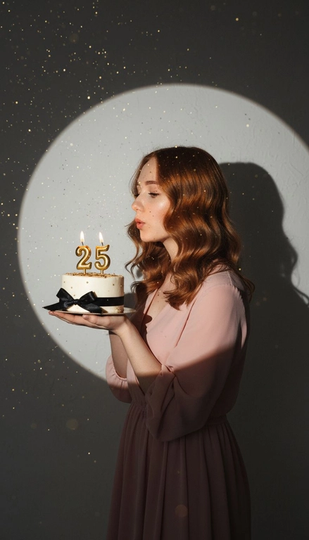 Фотореалистичный портрет женщины с точно таким же лицом, чертами, выражением и цветом волос, как на исходной фотографии - ничего не изменять. Атмосфера - день рождения: мягкий блеск свечи отражается на её лице, в воздухе лёгкие золотистые блёстки, создающие праздничное сияние. Фон темно-серый. Освещение студийное, контрастное, с кругом света на фоне, создающим выразительную тень. Волосы - волнистые, мягко подсвечены. Она немного стоит полубоком. Женщина держит в руках маленький праздничный торт, украшенным чёрными лентами и изящной цифрой из золотых свечей; Она сдувает свечу. На фоне белая стена Она одета в нежно розовое платье Свечки в виде цифр 25.