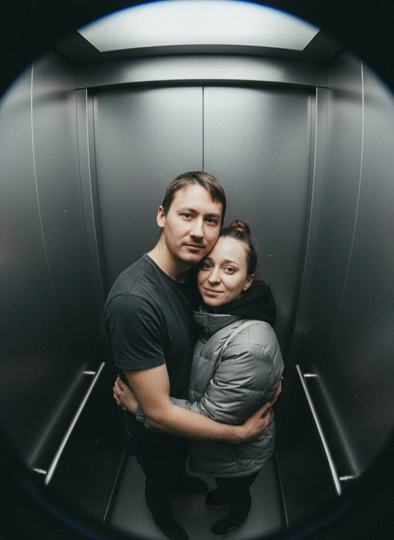 Используй предоставленные изображения и создай фото с двумя людьми в лифте с металлическими стенами. Цветовая гамма с преообладанием серых металлических оттенков. Кадр снят с максимально верхнего ракурса, люди будто заглядывают в камеру, их головы подняты наверх, взгляд в камеру. Легкий эффект fish eye. Реалистичное фото. Зернистость пленочного фото, насыщенные цвета, стиль фото y2k. Сохрани черты лица людей. Они обнимаются.