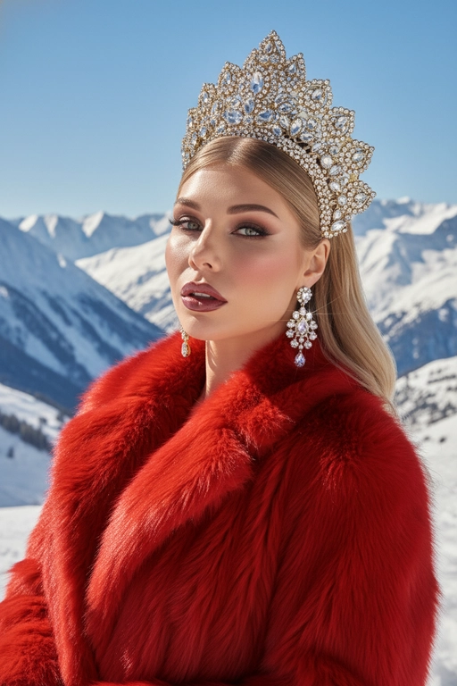 Создай портрет на открытом воздухе в стиле высокой моды, вдохновлённый редакционной фотографией Vogue. Человек элегантно позирует на фоне заснеженных гор под ярким солнечным светом. На заднем плане кинематографический альпийский пейзаж с чистым небом и свежим воздухом. Модель одета в роскошную красную шубу с плотной текстурой, украшенная детализированным ювелирным головным убором похожий на кокошник и подходящими серьгами, которые сверкают на свету. Кожа светящаяся, губы слегка приоткрыты, макияж с ярким румянцем и глянцевым финишем. Освещение яркое, насыщенное и кинематографическое, подчёркивающее контраст между красной шубой и холодными тонами заснеженных гор. Стиль: мода Vogue, высокая мода, ультрареализм, богатая цветовая палитра, разрешение 8К, естественный солнечный.