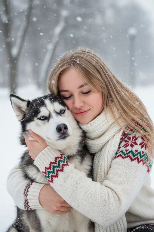 Соответствие лица: сохраняйте точные черты лица, структуру костей, разрез глаз, форму губ, текстуру кожи и оттенок по загруженной фотографии, максимально соответствует индивидуальности] -> Человек с мягкой улыбкой, полузакрытыми от счастья глазами -> нежно обнимает собаку, щека прижата к пушистой шее собаки, обе руки обвиты вокруг груди и шеи собаки, снежинки тают на шерсти и волосах., нежное, любящее выражение лица -> в кремово-белом толстом свитере скандинавской вязки с традиционным красно-зеленым рождественским рисунком на рукавах и воротнике,  в белом вязаном шарфе, свободно повязанном на шее -> на улице в сильный снегопад. В кадре видно морду собаки. Собака породы сибирский хаски.