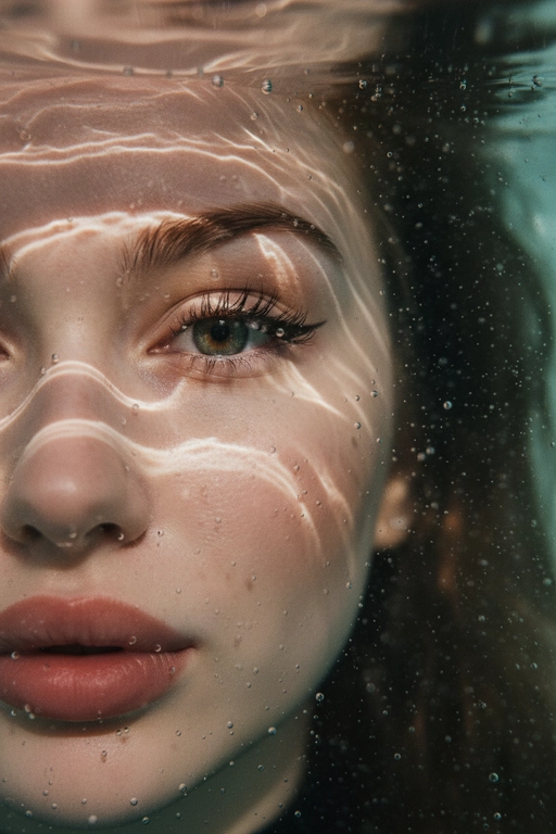 Гиперреалистичный, сверхдетализированный
макропортрет, на котором запечатлена только левая половина человеческого лица, погруженного под воду. Один глаз находится в резком фокусе у крайнего левого края кадра. Лучи света создают динамичные блики на коже, подчеркивая поры, влажные губы, ресницы и тонкие текстуры, создавая эффект реалистичного рассеивания под поверхностью. Капли и пузырьки воздуха придают глубину и подвижность.
Кинематографическое подводное освещение с мягкими тенями и четкими бликами усиливает сюрреалистическую, сказочную атмосферу.
Чрезвычайно малая глубина резкости, фотореалистичный рендеринг. Не меняй внешность, полностью сохрани черты лица.