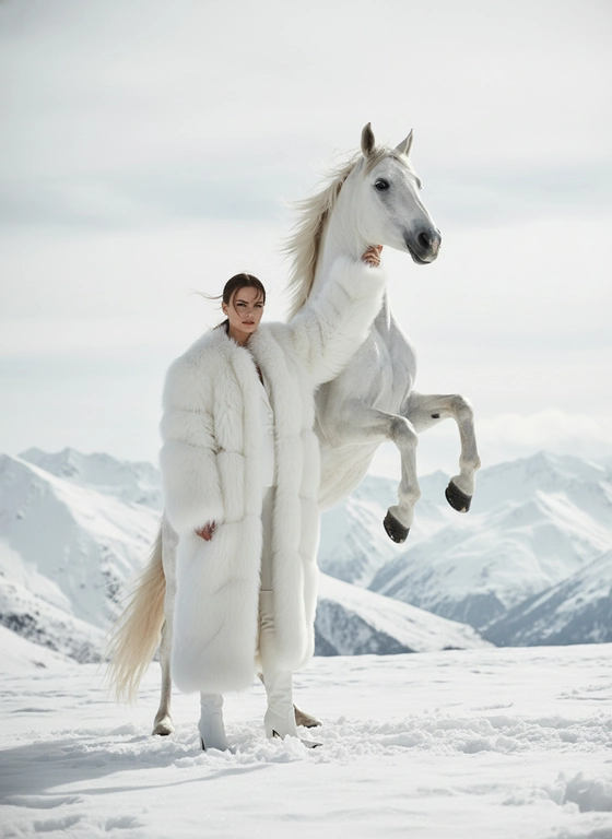 На фотографии изображена женщина на фоне заснеженных гор. Это, скорее всего, кадр из модной фотосессии. Цветовая гамма преимущественно белая и светлая, создающая ощущение морозной свежести и роскоши.

Женщина стоит в полный рост, слегка повернувшись в сторону камеры. На ней надето длинное белое меховое пальто с крупными секциями меха. Под пальто, вероятно, белая одежда, возможно, брючный костюм или комбинезон. На ногах видны белые сапоги.

Рядом с женщиной стоит белый конь, вставший на дыбы. Женщина держит его за шею рукой, скрытой мехом пальто. Конь выглядит грациозно и мощно. Ветер слегка развевает волосы женщины, придавая динамичности кадру.
