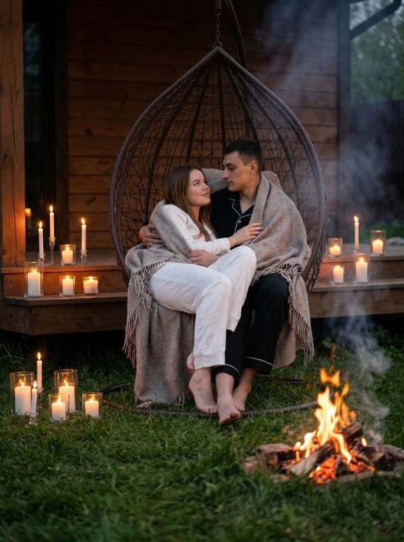 Кинематографичная реалистичная сцена ранней весны, вечер. На уютной деревянной веранде загородного дома висит подвесное кресло-кокон. В нем лежат женщина и парень, укутанные в большой мягкий плед. Они обнимаются и спокойно смотрят друг на друга. Женщина одета в нежную белую пижаму, на лице лёгкая тёплая улыбка. Мужчина одет в чёрную пижаму. Вокруг на веранде стоят десятки горящих свечей — их тёплый свет мягко освещает лица и отражается в стеклянных подсвечниках. Рядом во дворе горит небольшой костёр, пламя потрескивает и бросает оранжевые отблески на деревянные доски и плед. Зелёная трава вокруг на участке. Лёгкий вечерний ветер медленно колышет подвесное кресло и шевелит края пледа. Дым от костра плавно поднимается в холодный весенний воздух. Камера медленно приближается (slow cinematic push-in), мягкий фокус на паре. Свечи мерцают, огонь костра двигается, кресло слегка покачивается. Атмосфера уюта, тепла и спокойствия. Ультрареализм, естественное освещение, cinematic lighting, shallow depth of field, мягкие тени, высокодетализированная кожа и ткани, 4K, film look, natural color grading. Важно: сохранить оригинальные черты лица женщины и мужчины, без изменений.