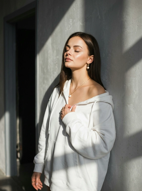 Используй загруженное фото для лица, строго не меняя черты лица, пропорции, возраст, текстуру кожи и волосы. Минималистичный портрет в интерьере с естественным светом, женщина стоит у серой текстурированной оштукатуренной стены, голова слегка запрокинута назад, глаза закрыты, лицо повернуто к источнику света, правая рука держит ткань толстовки у груди, левая рука расслабленно опущена вдоль тела. Оверсайз толстовка с капюшоном спущена с правого плеча, видны завязки, на шее тонкая золотая цепочка с кулоном с жемчужиной, золотые серьги среднего размера с жемчугом, золотое кольцо на пальце. Естественный макияж с деликатным скульптурированием, влажное свечение кожи, кожа ультрареалистичная без эффекта пластика и чрезмерной ретуши. Жёсткий направленный солнечный свет из окна создаёт резкие графичные тени на стене и лице, контрастное освещение, слева тёмный дверной проём добавляет глубину пространству. Съёмка на 50mm f/2.0, малая глубина резкости, естественный оконный свет, выраженные тени, цветовая гамма бежевый, золото, серый, баланс тёплых и холодных оттенков, minimalist editorial, фотореализм высокого качества.

Какой цвет толстовки?: Белая рубашка