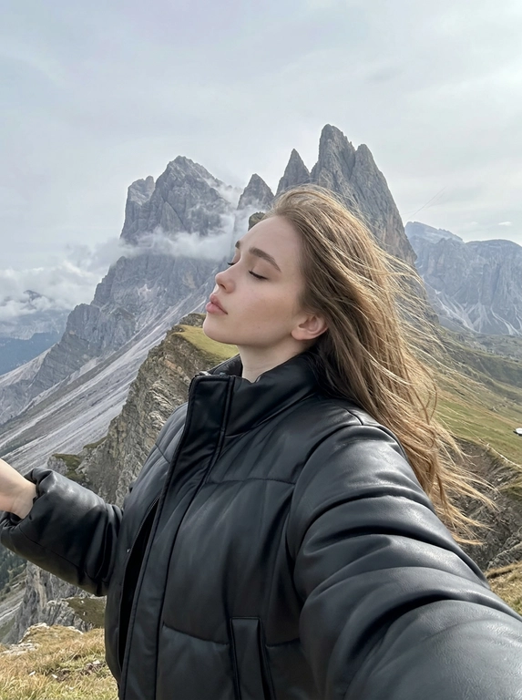 Shot on an iPhone; preserve facial features, expressions, and hair color.
A woman in the foreground is taking a selfie; she is wearing a seamless, heavily padded leather jacket with very voluminous sleeves.
Her hair is blowing in the wind.
The background features massive, jagged mountains with sharp peaks, low clouds wrapping around the ridge, and an overcast sky with mountain haze.
Selfie angle with an arm visible at the bottom left; the subject is shifted slightly to the left; mountains dominate the upper part of the frame; her head is tilted back slightly, eyes closed, face in profile.
Do not blur the background.
The phone is not visible in the frame