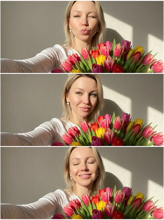 Селфи фронтальная камера, вертикальный коллаж 3 кадра (стопкой): белый топ с длинным рукавом, жемчужные серьги-гвоздики.
В каждом кадре огромный букет цветов. 1) duck face + подмигивание в камеру, 2) уверенная улыбка в камеру, 3) улыбка с закрытыми глазами, безмятежное счастье. Жёсткий солнечный свет справа, высокий контраст, резкие тени, светлая нейтральная текстурная стена, lifestyle aesthetic.

Какие будут цветы?: В каждом кадре огромный букет тюльпанов.