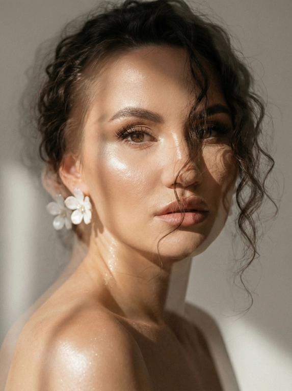 Кинематографический эффект с добавлением зерна. Ультрареалистичный, экстремально крупный портрет части лица девушки: на неё падает солнечный свет полосой, освещая глаза; её голова немного повёрнута в сторону. Тело подсвечено хайлайтером. Макияж лёгкий, с насыщенным хайлайтером; ресницы длинные, пышные. Она смотрит в камеру со спокойным, созерцательным выражением. Освещение мягкое, с лёгким акцентом на её лицо, создаёт нежные тени и подчёркивает черты. В ушах — серьги в виде белых цветов. Фон минималистичный и нейтральный, что усиливает спокойную и элегантную атмосферу. Фото смазанное, как будто сделано в движении, с двойной экспозицией.


Какая будет прическа?: Волосы кудрявые, частично падают на лицо.