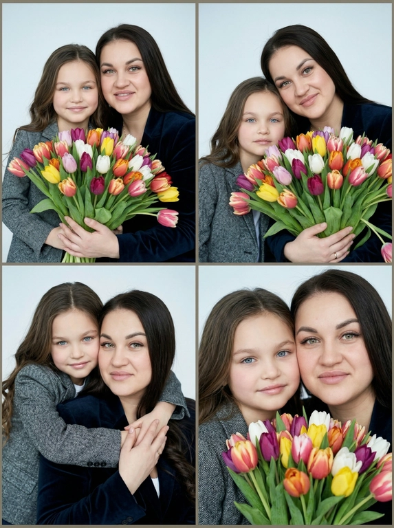 Фотореалистичный кинематографический коллаж в стиле фотобудки 2×2 из четырёх интимных портретов двух человек крупным планом, расположенных в бесшовной сетке 2×2, на каждом кадре показана разная поза и выражение лица.

Персонажи — это реальные люди с загруженной фотографии или фотографий. Использовать ТОЧНОЕ сходство лиц с реальными людьми с загруженного фото или фотографий:
узнаваемые черты лица, форма глаз, носа, губ, без изменения внешности, приоритет портретного сходства, с сохранением узнаваемости лиц, причёсок и пропорций.

Фотосессия к 8 марта. 
Создай трогательные кадры из профессиональной фотосессии в студии, где запечатлены моменты семейной близости двух людей. Сделай так, чтобы все они смотрелись гармонично и трогательно. Они одеты в дорогие костюмы. Освещение холодное. Фон светлый, бесшовный. Фото в стиле Энни Лейбовиц, четкий фокус. Они смотрят в камеру с мягкой улыбкой.

Какие будут цветы?:   У одного из персонажей в руках огромный букет тюльпанов.