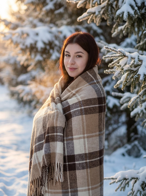   Зимний кинематографичный портрет на закатном солнце в заснеженном еловом лесу: молодая женщина волосы как на фото, укутана в плотный бежево‑коричневый тартановый плед с кисточками; лёгкий поворот корпуса 3/4, руки спрятаны под пледом, спокойная полуулыбка и уверенный взгляд в камеру. Тёплый золотистый боковой свет низкого солнца в контрасте с холодными снежными тенями, мягкий контровой ободок по волосам и плечам, тонкий пар от дыхания. Средний поясной кадр, вертикаль 4:5, центральная композиция, на заднем плане заснеженные ветви в мягком размытии; ведущие линии веток создают глубину. Критически резкий фокус на глазах и текстуре волос, детальная фактура шерсти пледа и кристалликов инея, очень малая ГРИП и кремовое боке. Photorealistic, ultra‑detailed, RAW look, HDR, 8k feel...
