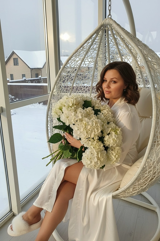 Гиперреалистичная фотография женщины, зима, сидящей полубоком на закрытой веранде с видом на дом в кресле коконе белом и держащей в руках очень большой, пышный букет, состоящий из множества белых цветов — круглых, густых, многоцветковых, с пышными соцветиями и зелеными листьями. Букет объемный, он явно состоит из десятков отдельных гортензий, а не из единого бутона. в ушах маленькие красивые серьги. ногти молочного цвета. Волосы с аккуратной легкой укладкой. 
На ней халат шелковый как кимоно в пол на ногах пушистые тапки.
Ее макияж выполнен в стиле мягкого глэма: сияющая кожа. Она позирует в полупрофиль.
Золотистый естественный свет проникает сбоку, отбрасывая резкие, но мягкие тени на складки ткани . Цвет халата - белый, цвет тапок - белый 