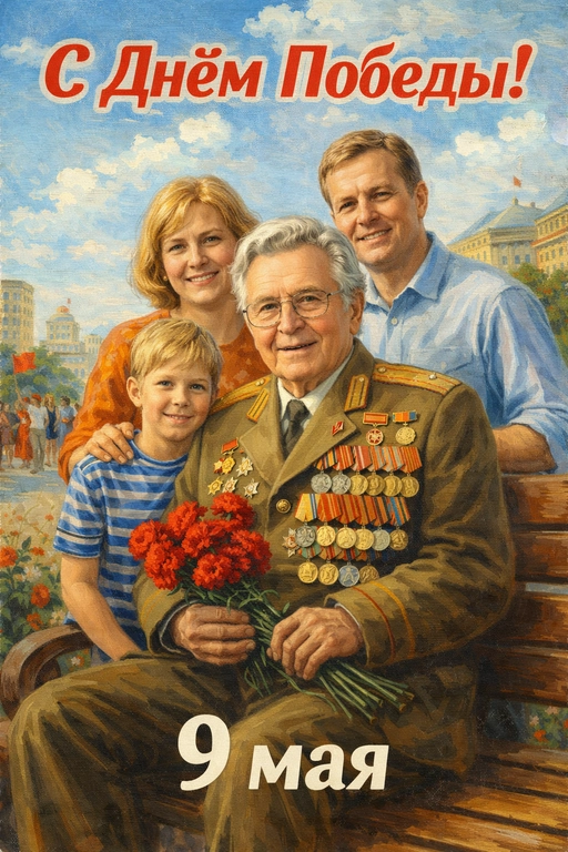 Создайте ИИ-открытку на 9 мая в стиле СССР по фото