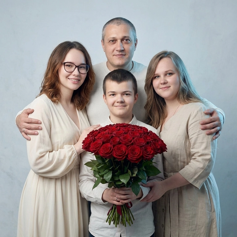 use this/these photos

Выберите стиль фото: : Кадр из профессиональной фотосессии в студии, где запечатлен момент семейный близости . Сделай так, чтобы все они смотрелись гармонично и трогательно. Люди одеты в светлые образы, подходящие по стилю фотосессии. Женщины в платьях. Освещение холодное. Фон светлый, бесшовный. Фото в стиле Энни Лейбовиц, четкий фокус. Люди смотрят в камеру с мягкой улыбкой.  Средний план.